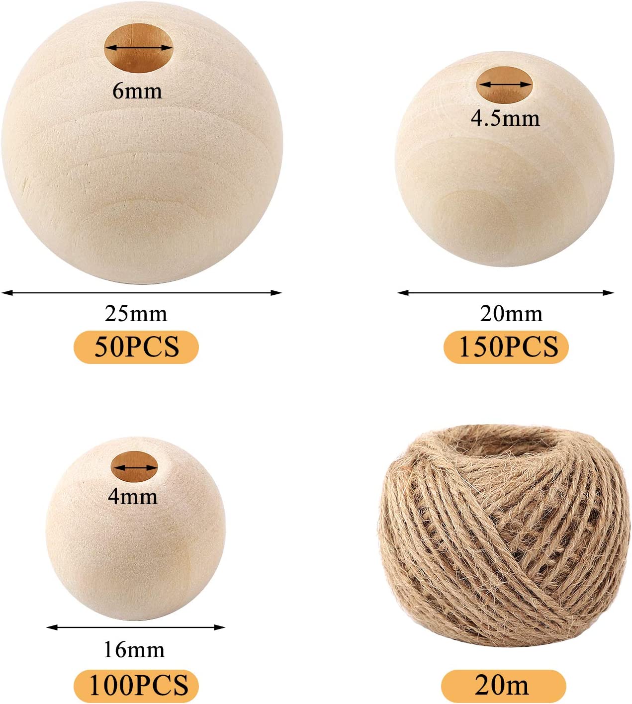 Wooden Beads, 100pcs Natural Wood Beads, Unfinished Wood Beads Bulk, Round Wooden Beads for Crafts, 3 Sizes Smooth Wooden Balls with Holes for Farmhou