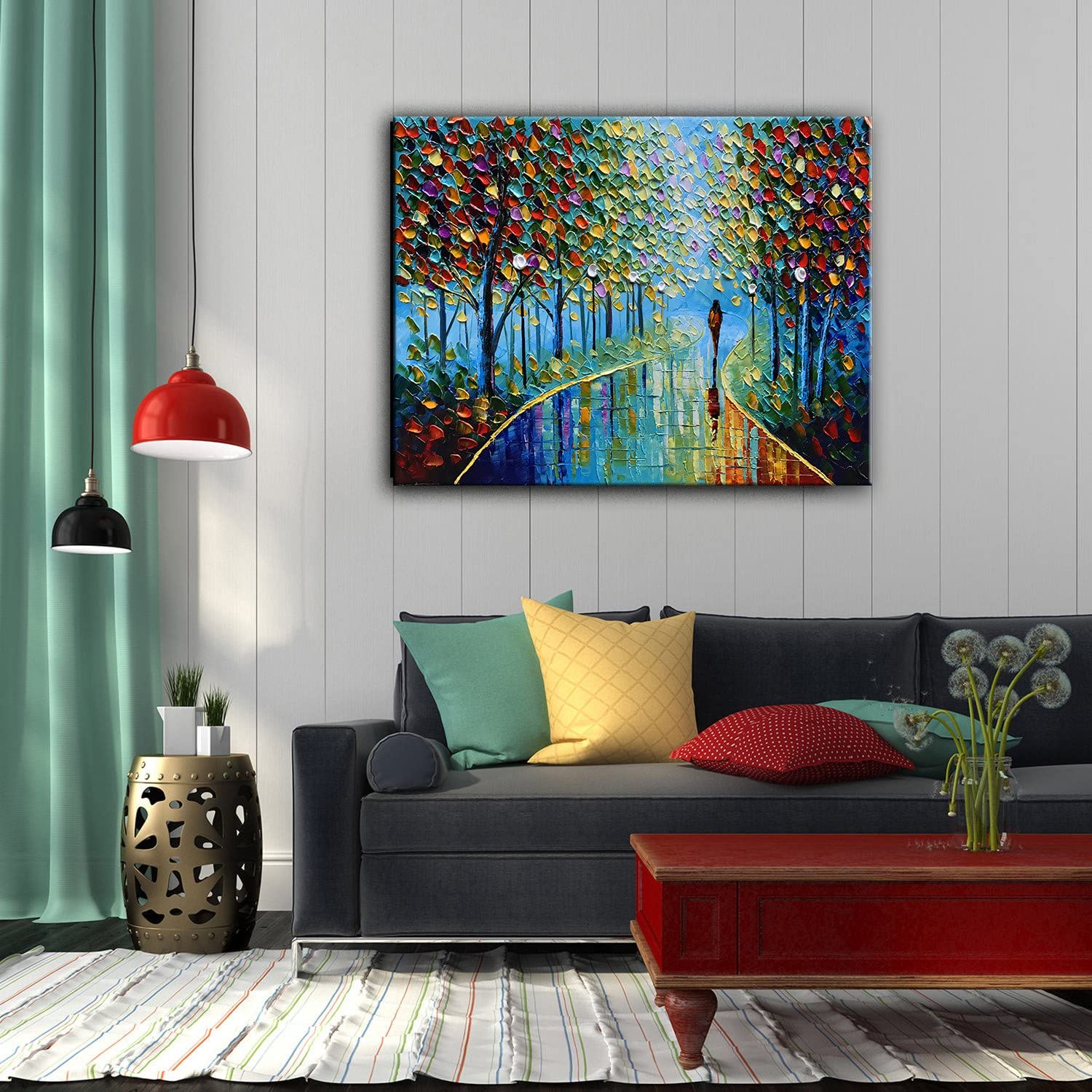  JELRINR Autumn landscape Oil Painting On Canvas Palette Knife  Texture Contemporary landscape Art paintings Hand painted Acrylic paintings  Home living Room Office Decor Canvas Wall Art 24x48inch: Paintings